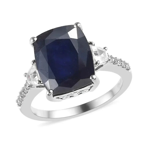 Blue Sapphire & Natural White Zircon Ring In 925 Sterling Silver - Picture 1 of 7